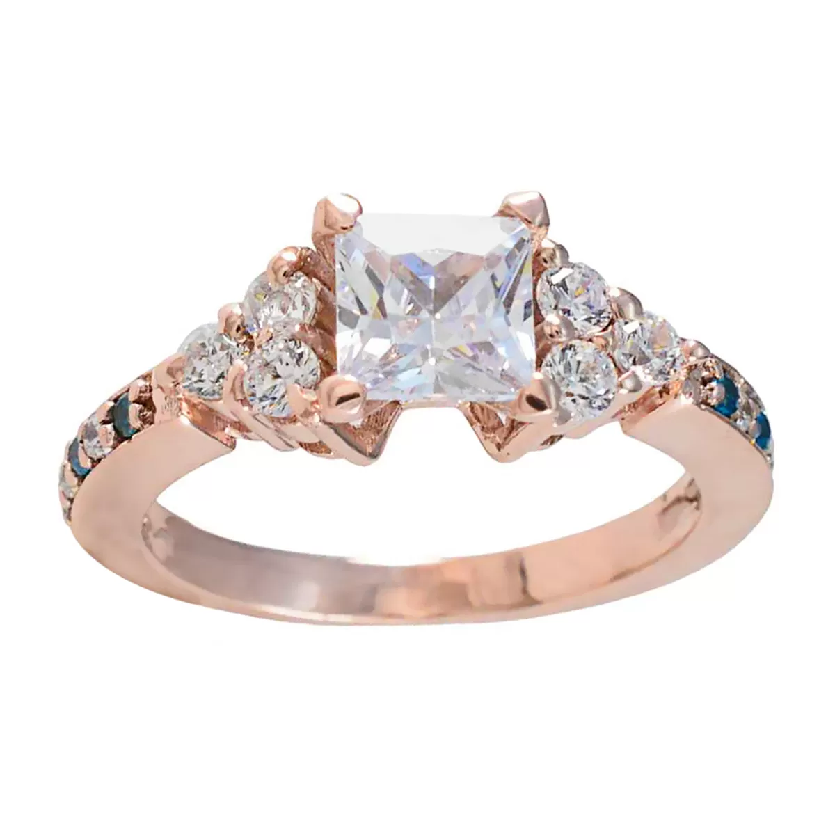 Riyo Bulk Silver Ring With Rose Gold Plating Blue Topaz CZ Stone square Shape Prong Setting Bridal Jewelry Easter Ring