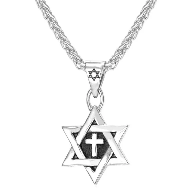 Star of David Stainless Steel Cross Pendant Necklace