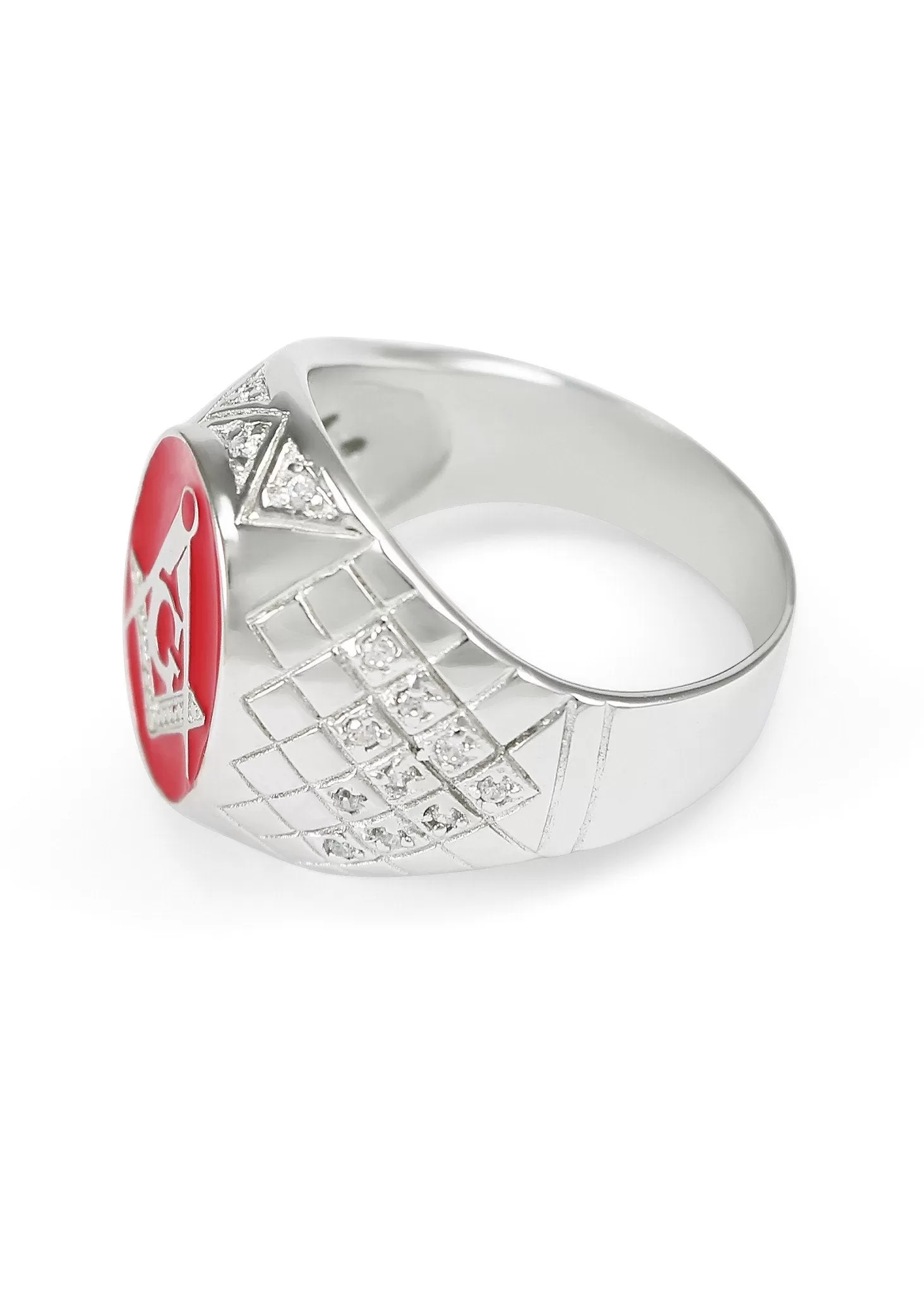 Sterling Silver Masonic Ring with Coral Red Enamel and CZs