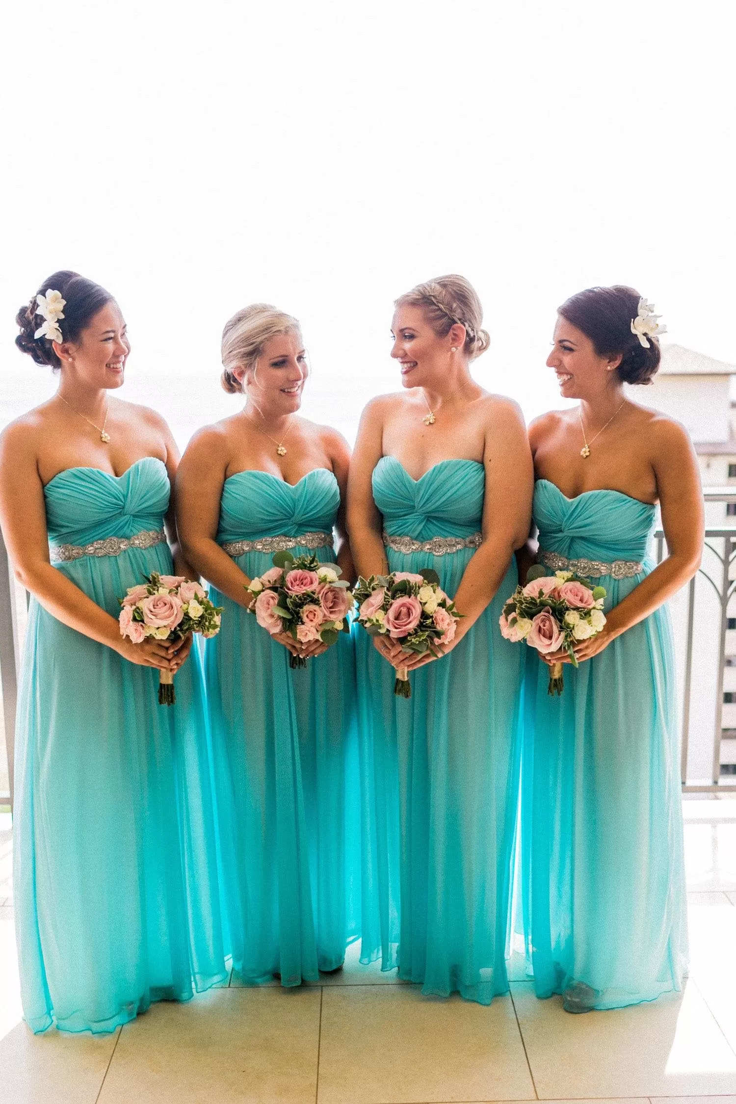 Sweetheart Strapless Tulle Turquoise Bridesmaid Dresses Beaded Wedding Party STK20473