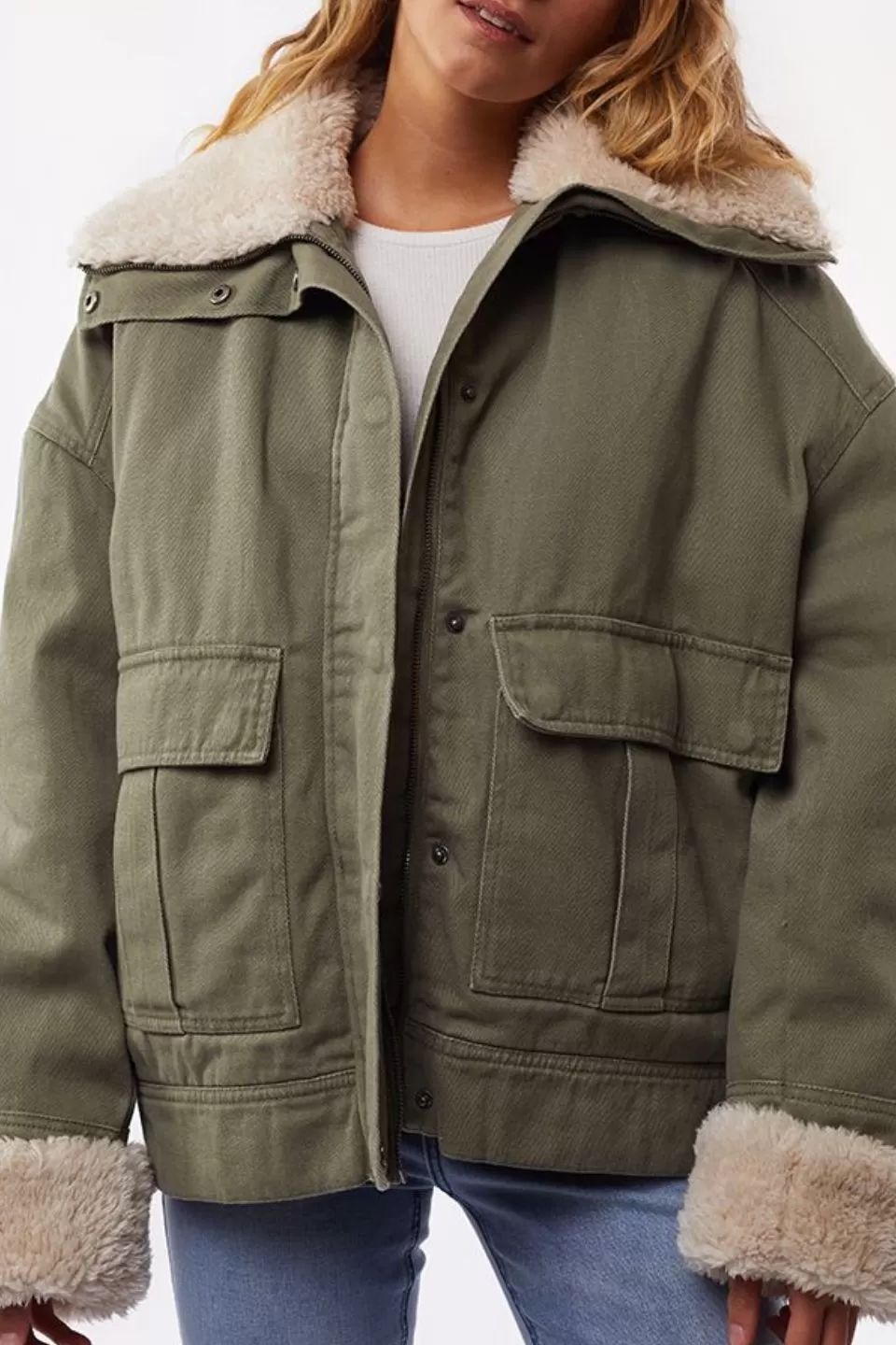 Utility Sherpa Trim Khaki Denim Jacket