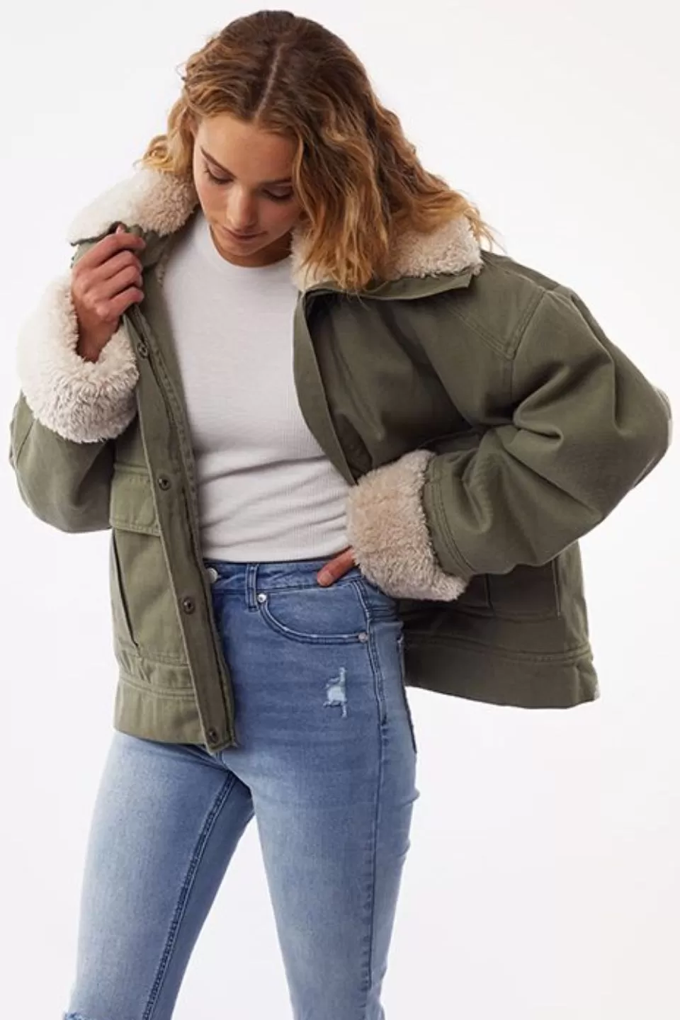 Utility Sherpa Trim Khaki Denim Jacket