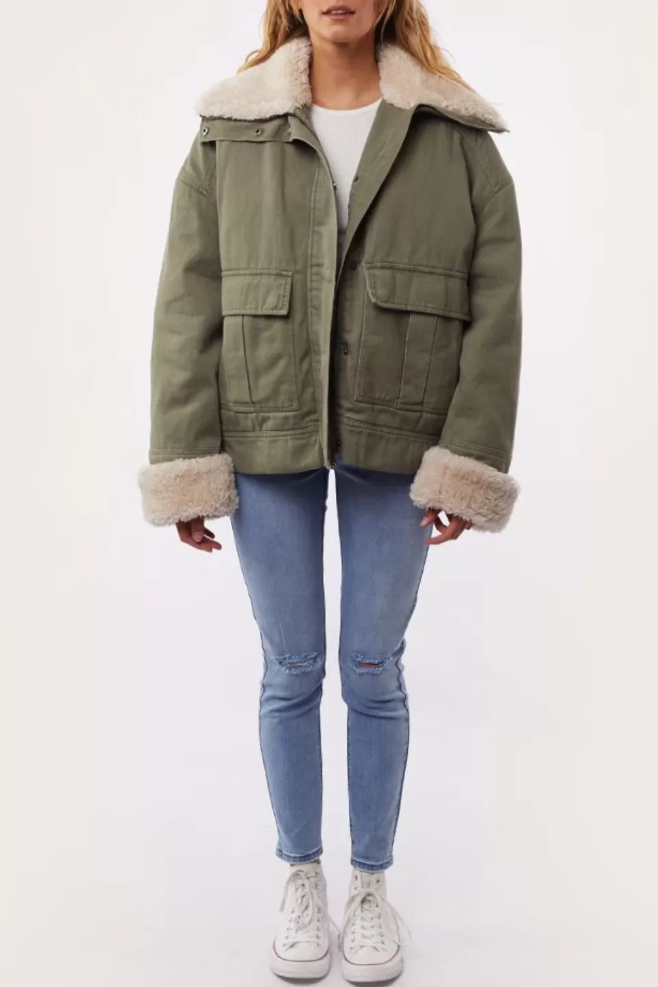 Utility Sherpa Trim Khaki Denim Jacket