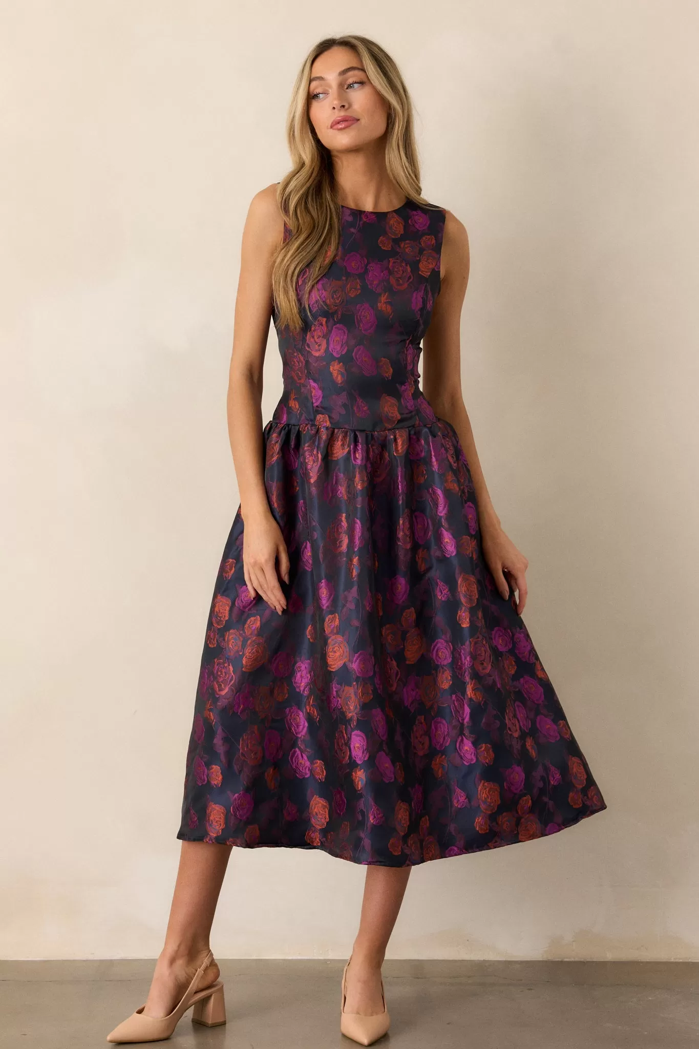 Windswept Garden Purple Floral Drop Waist Midi Dress