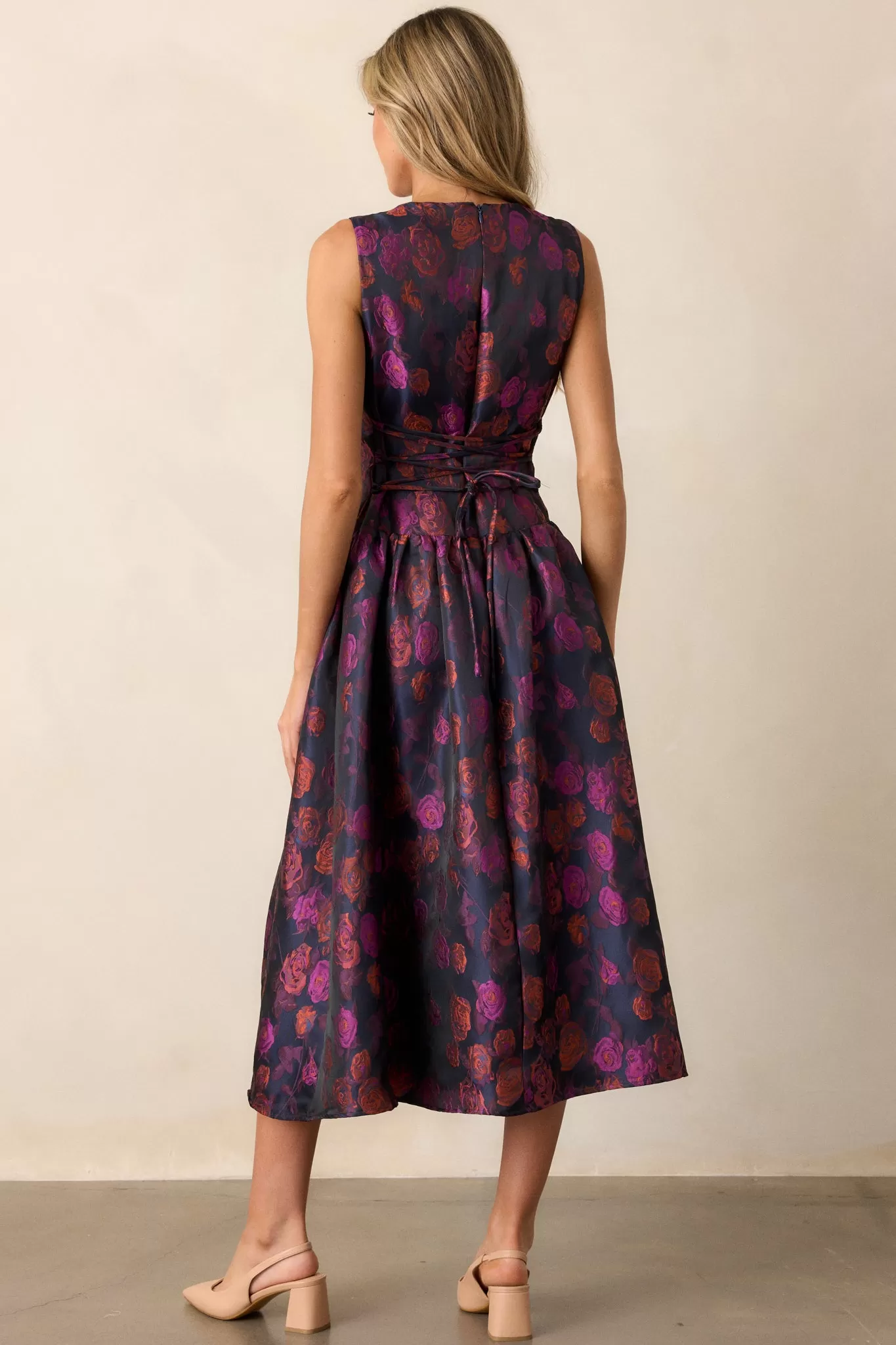 Windswept Garden Purple Floral Drop Waist Midi Dress