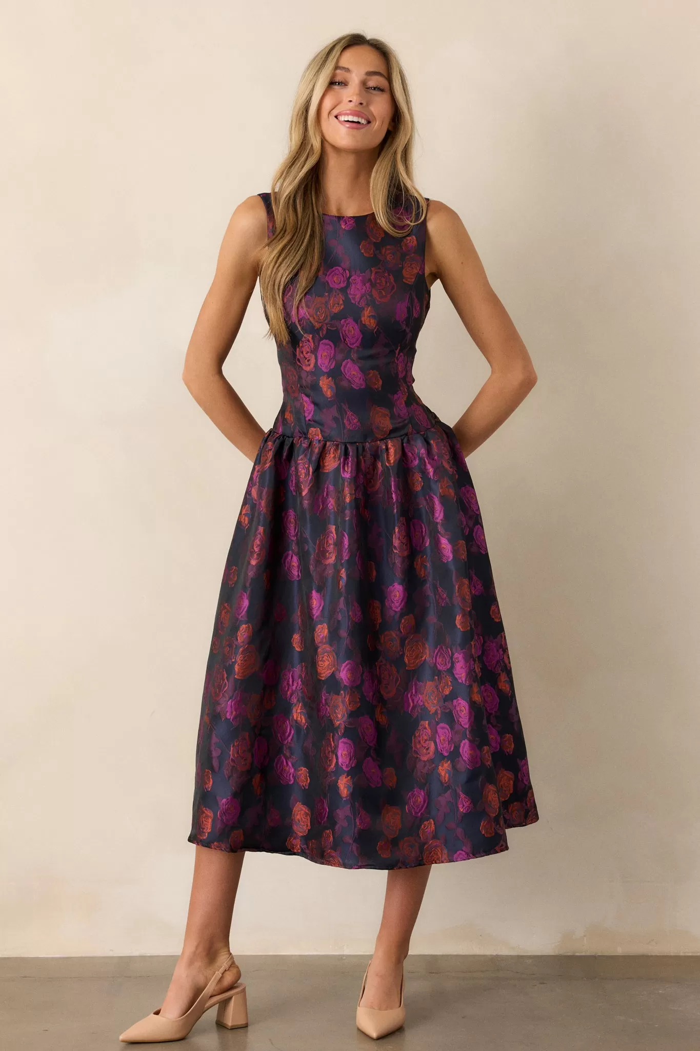 Windswept Garden Purple Floral Drop Waist Midi Dress