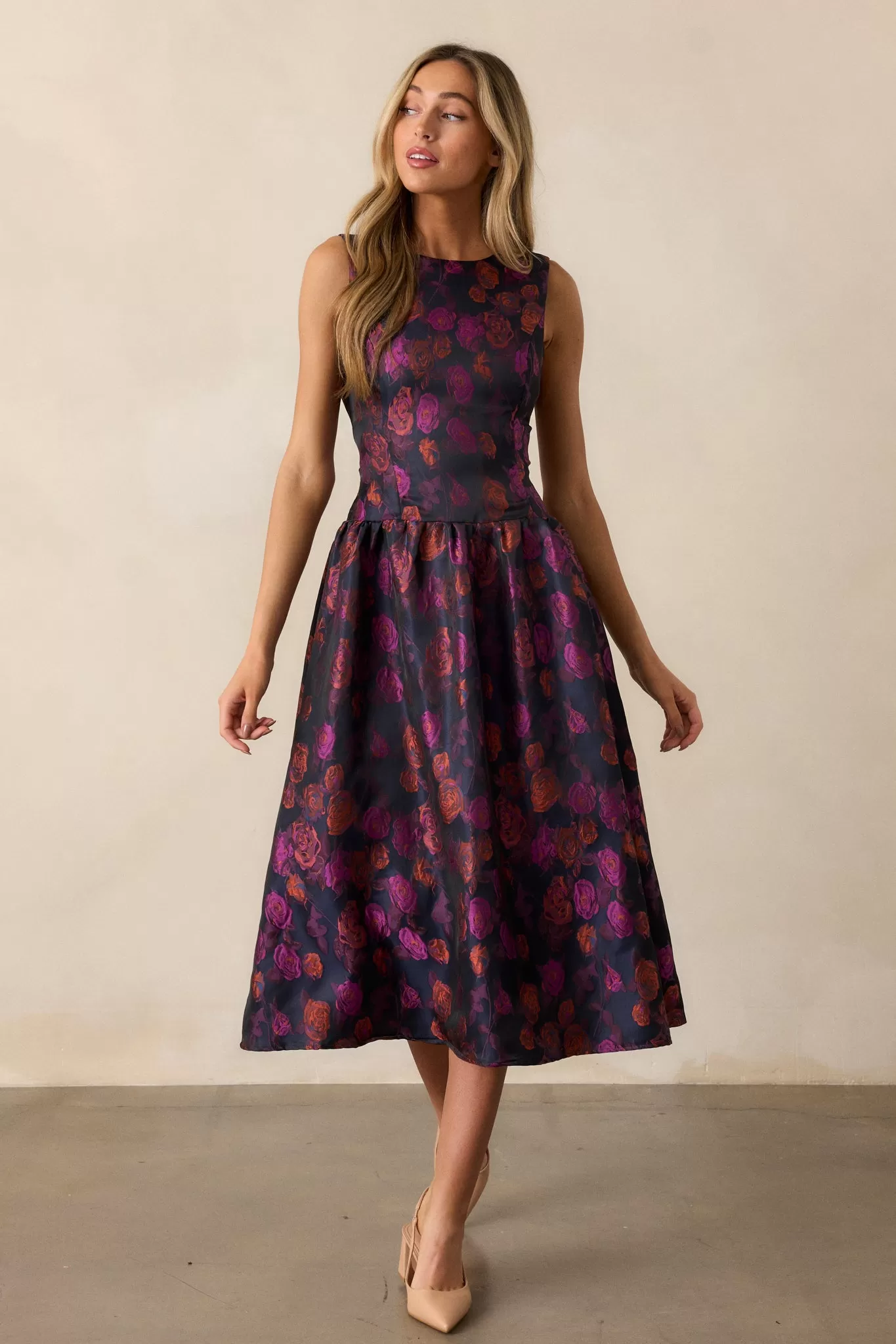 Windswept Garden Purple Floral Drop Waist Midi Dress