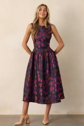 Windswept Garden Purple Floral Drop Waist Midi Dress