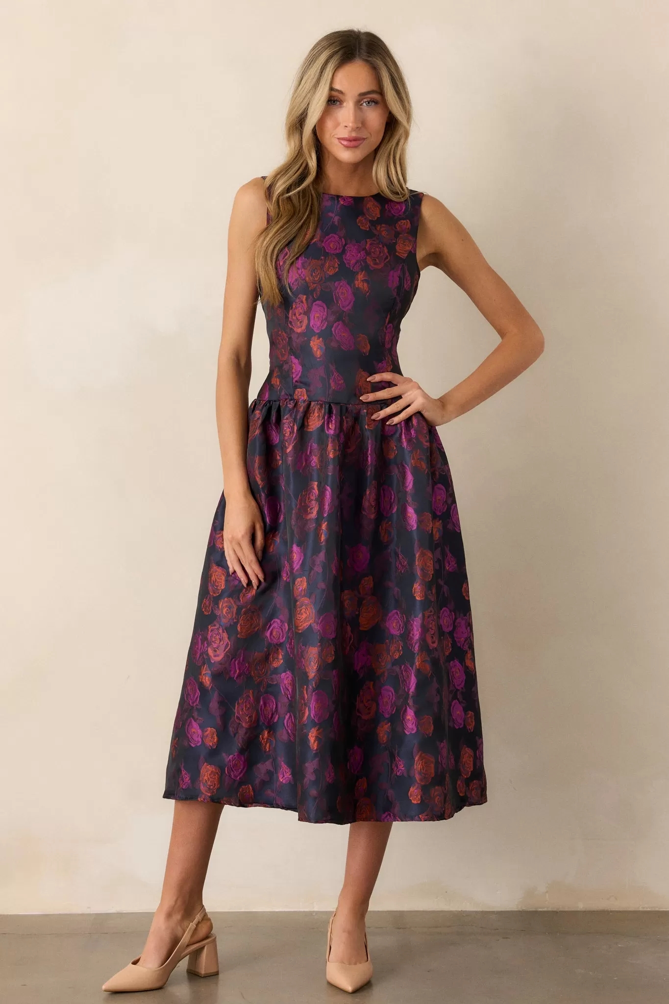 Windswept Garden Purple Floral Drop Waist Midi Dress