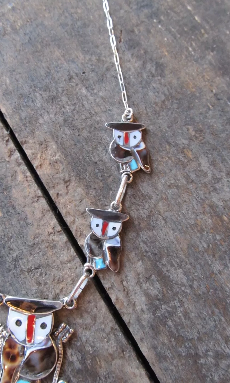 WISE OWL Silver & Multi Inlay Owl Zuni Necklace