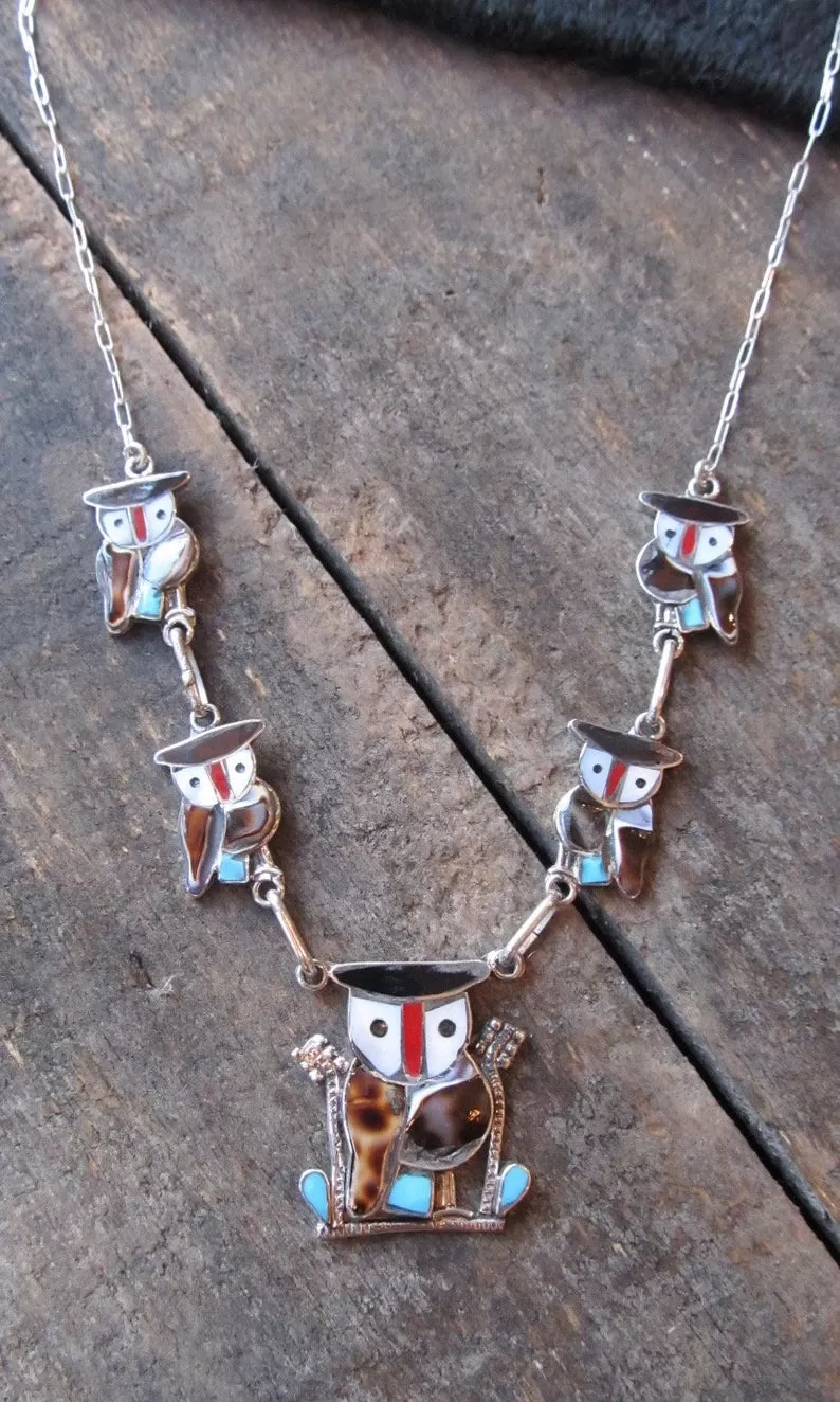 WISE OWL Silver & Multi Inlay Owl Zuni Necklace