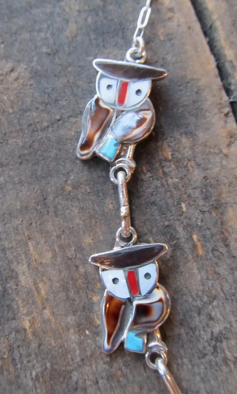 WISE OWL Silver & Multi Inlay Owl Zuni Necklace