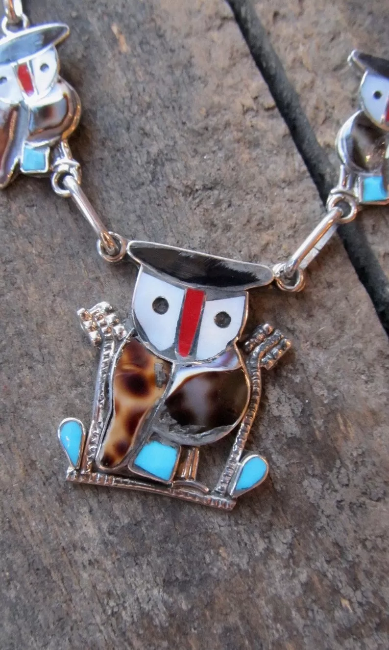 WISE OWL Silver & Multi Inlay Owl Zuni Necklace