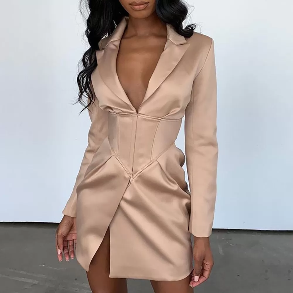 Women Turn-Down Collar Long Sleeve Mini Dress